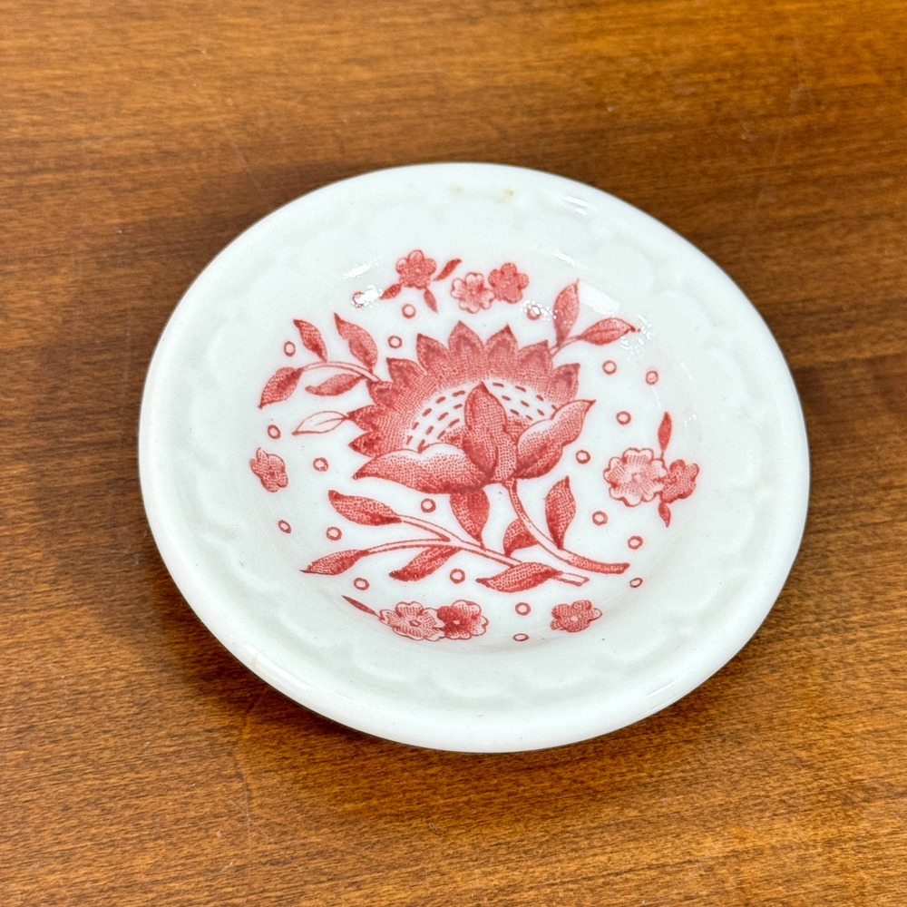 Vintage Butter Pat Thick and Chunky Red Pink Flower Syracuse Roxbury 2.8"